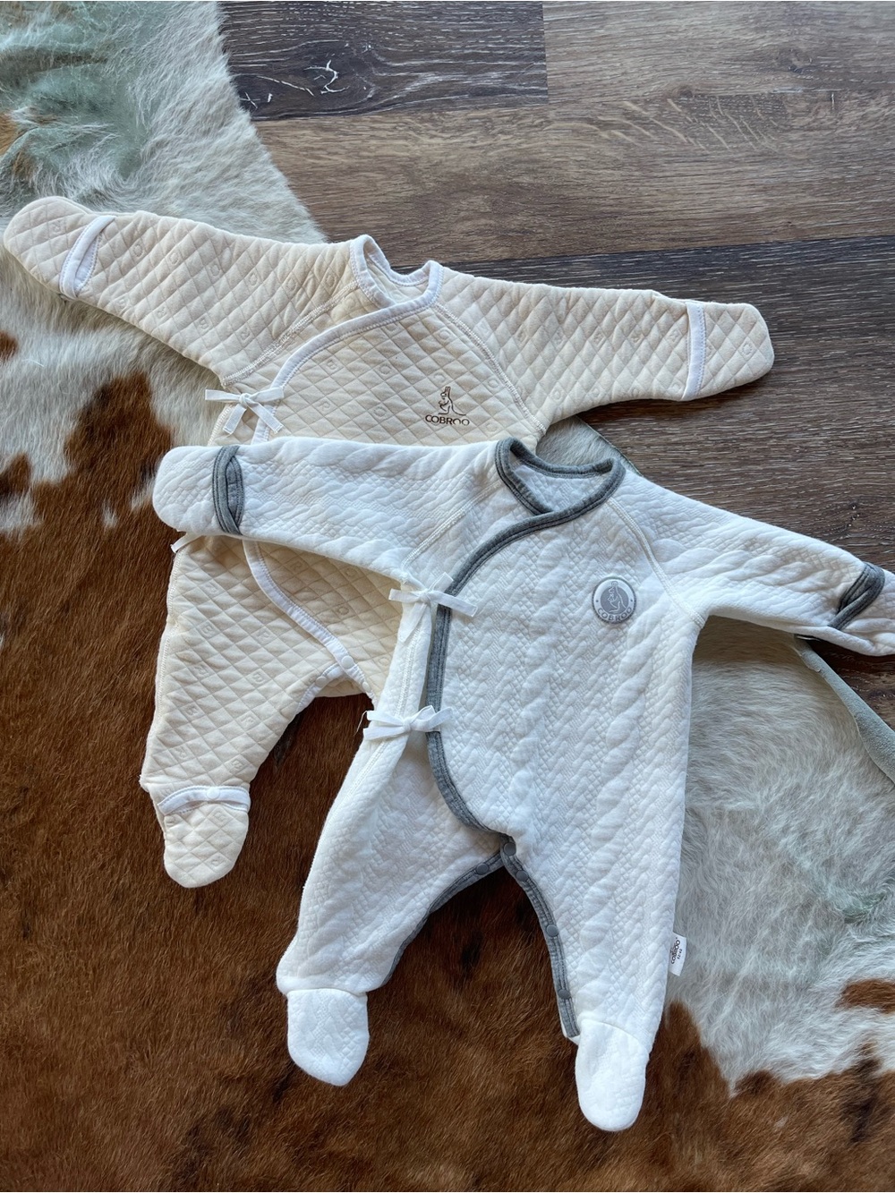 Cobroo Cream and White Quilted Baby One-Piece sleeper- Tie Closure (2 sleepers)